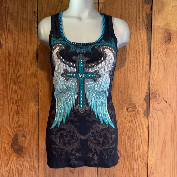 Vocal Tops - NWT VOCAL TANK top MOTO WINGS CROSS SM-3X black biker harley angel wings